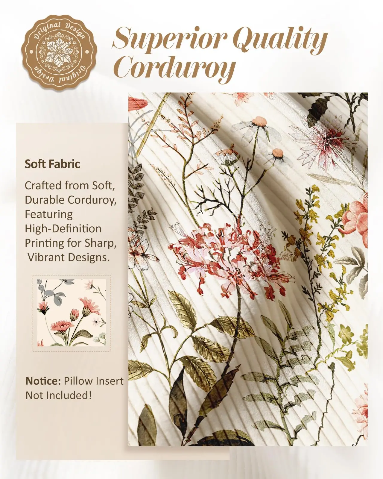 Corduroy Throw Pillow Covers 18x18 - Set of 2 Decorative Pillow Covers with Zipper Farmhouse Decor Cottage Throw Pillowcases