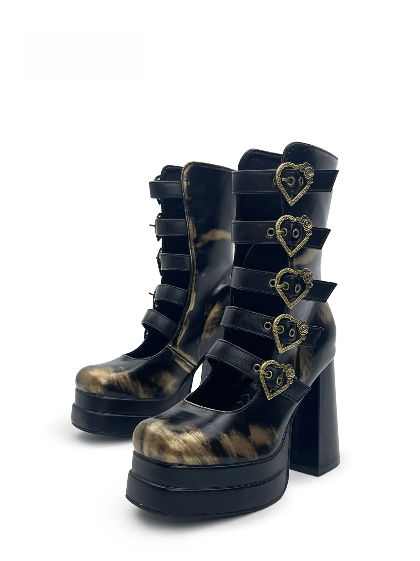 

Gothic Punk Women's Waterproof Platform Boots Vintage Worn Color High Heels Increased 11cm Daily Use round Toe Zipper Closure