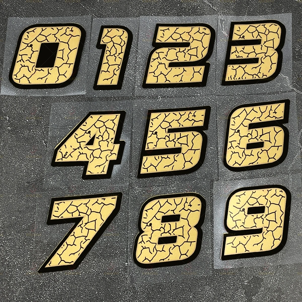 1PC Crack Effect Matte Gold Motorcycle Number Sticker Waterproof for Refit Scooter Fairing Helmet Fuel Tank Bicycle Vinyl Decal
