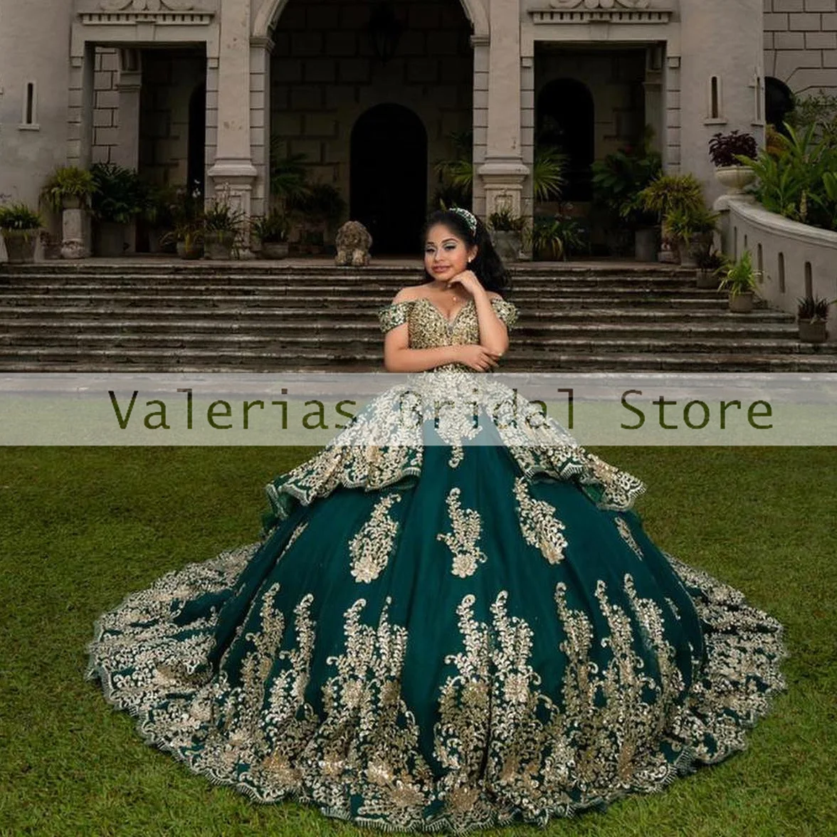 Green Quinceanera Dress Gold Sequin Appliques Princess Ball Gown Off The ShoulderSweet 15 16 Dress Luxury Vestidos Customized