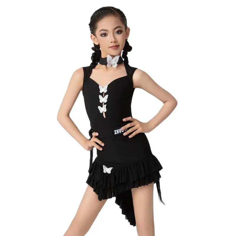 Children Samba Ballroom Dance Kleding Mouwloze Latin Top Ruches Rok Meisjes Latin Dance Performance Kostuums Jurken Sl10603