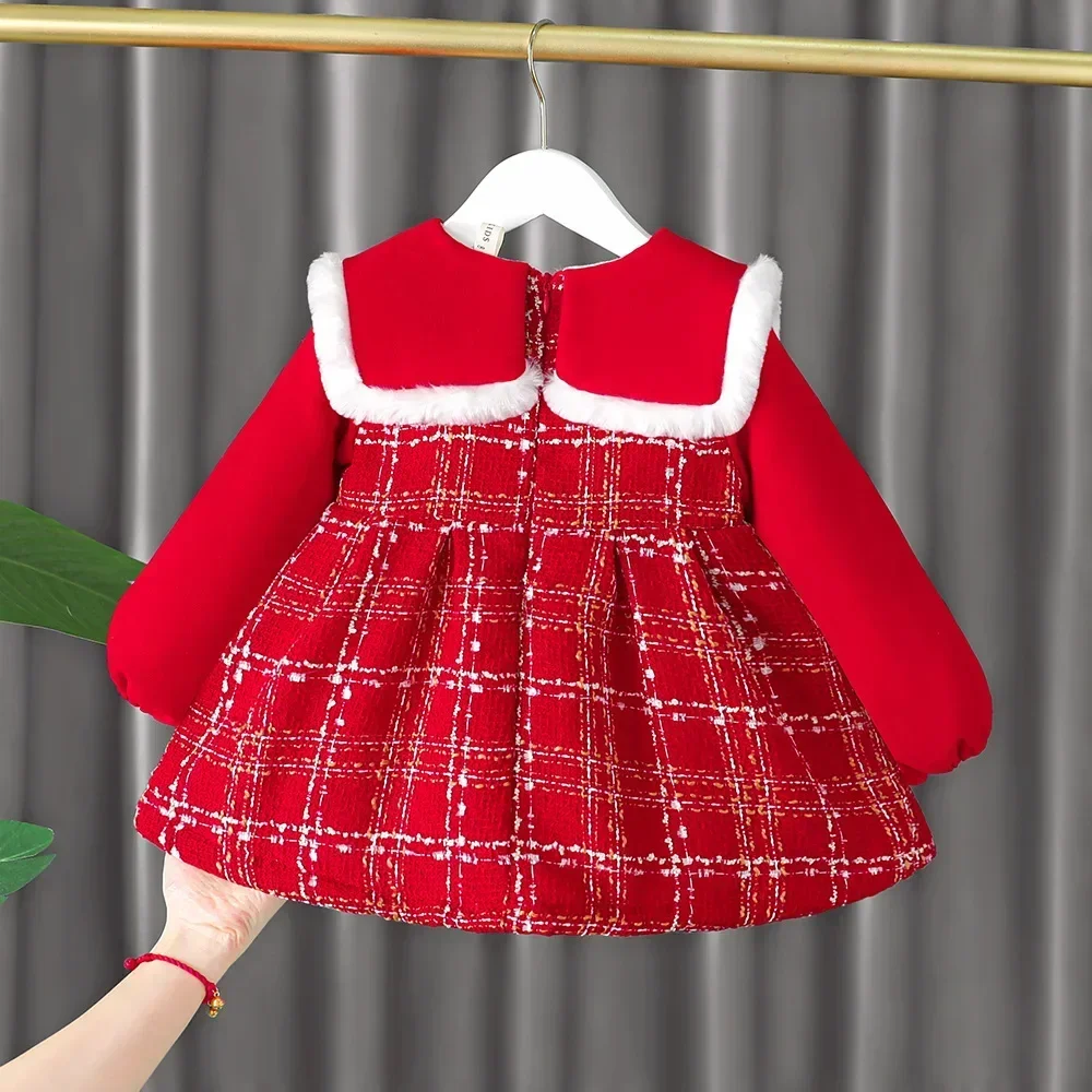 Girls Dress 2023 Plaid Plush Dresses for Kids 2023 Autumn/Winter Children Princess Costume Christmas Party Baby Girl Clothes