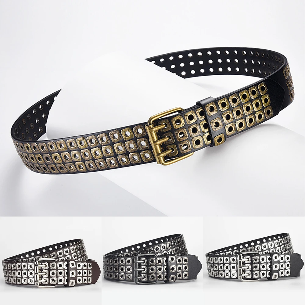 New Square Bead Rivet Belt Goth Style Three Pin Buckle Man/woman Fashion Casual Punk Style Pu Leather Waistband for Jeans