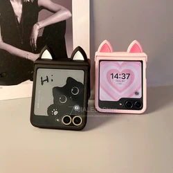 Cute Ears Bracelet Strap Tempered Screen Film Hinge Phone case For Samsung Galaxy Z Flip 5 6 7 flip6 zflip7 Cover