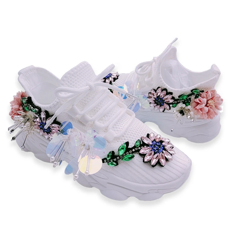 Womens Round Toe Sneakers Rhinestones DIY Flowers Shiny Girls Shoes Casual Sweet Pink Lolita Gift New 2022 Mesh Breathable