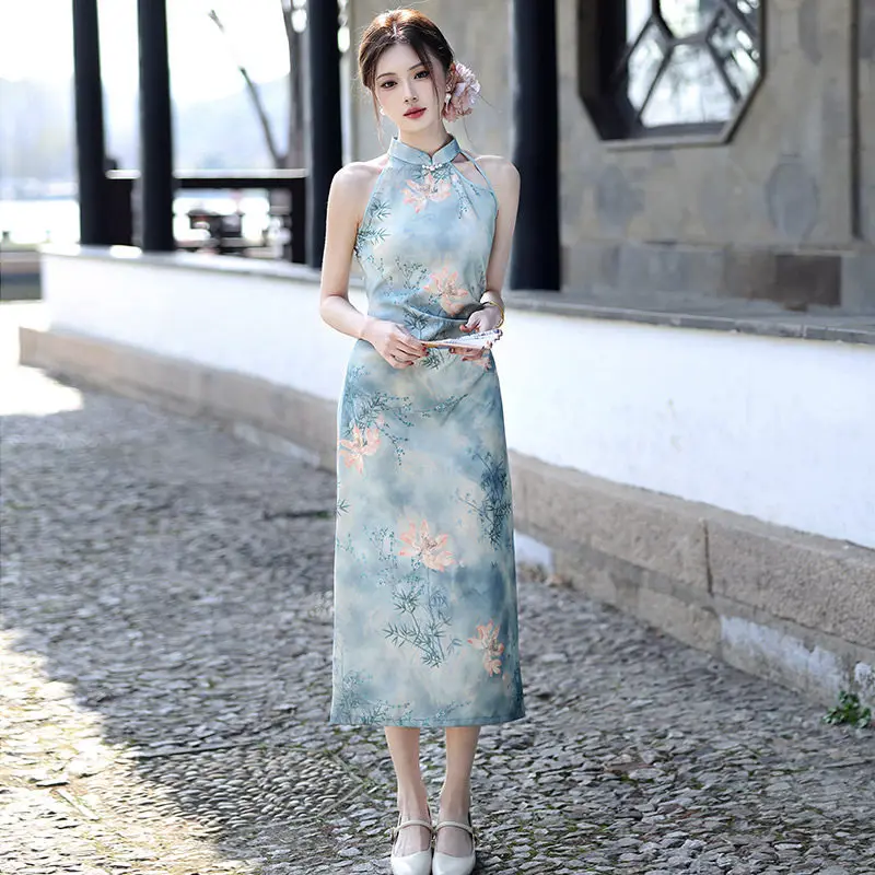 Blue New Chinese style Hanging Neck Cheongsam Improved Young Style 2026 New Female Spring Summer Qipao Dress