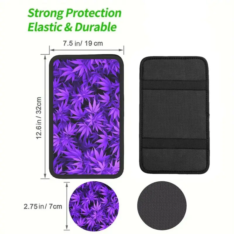 1Pc Car Armrest Cover + 2Pcs Cup Coasters, Purple 5-Point Leaves Pattern, In Car Interior Accessories