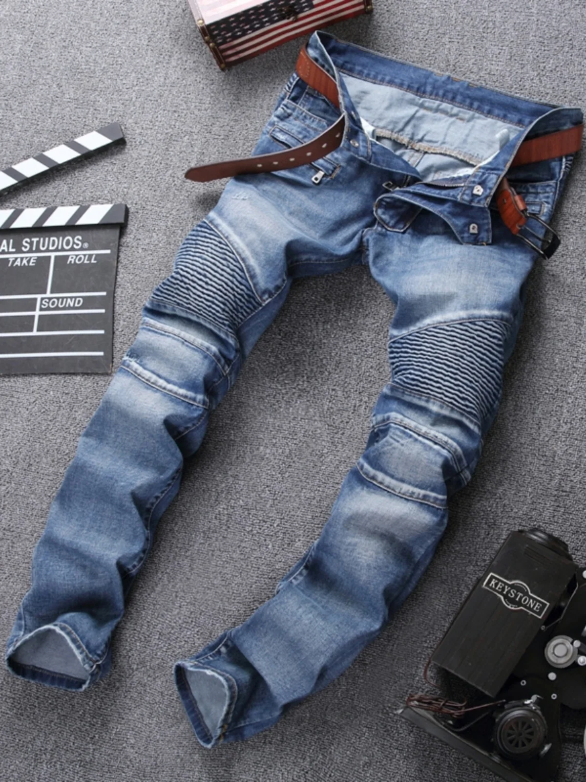 

Мужские джинсы Slim Fit Biker: модные, городские, из хлопка, эластичные, с отворотами, на молнии, молодежные, зимние, повседневные, длинные брюки