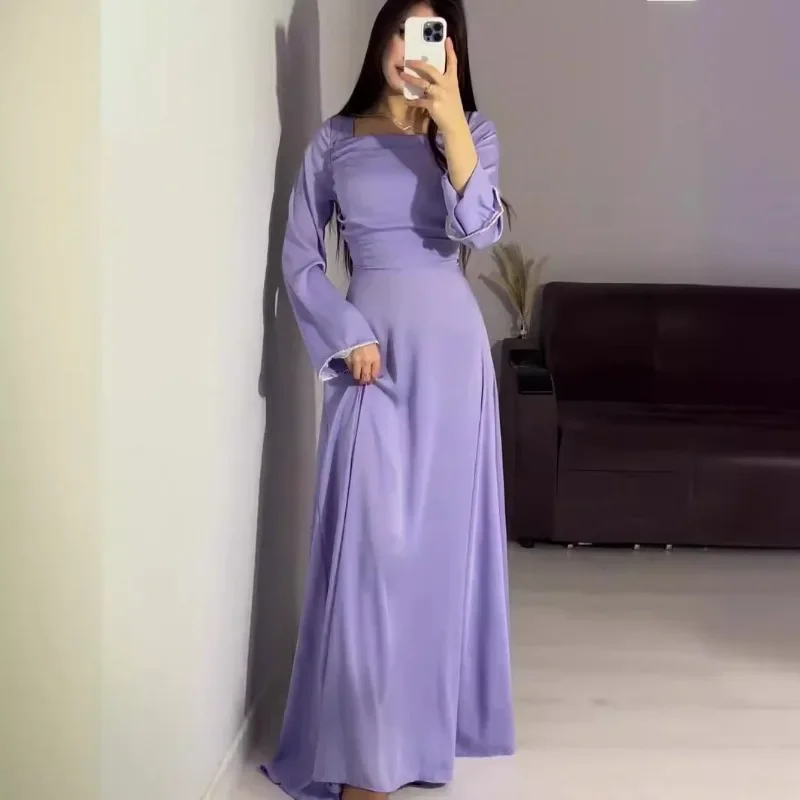 

2025 spring new handmade diamond webbing design long sleeve satin slim dress S9107