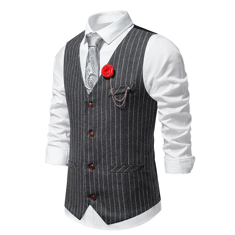 Spring New Men\'s Retro Stripe Single Breasted Casual Suit Comfortable Vest Top