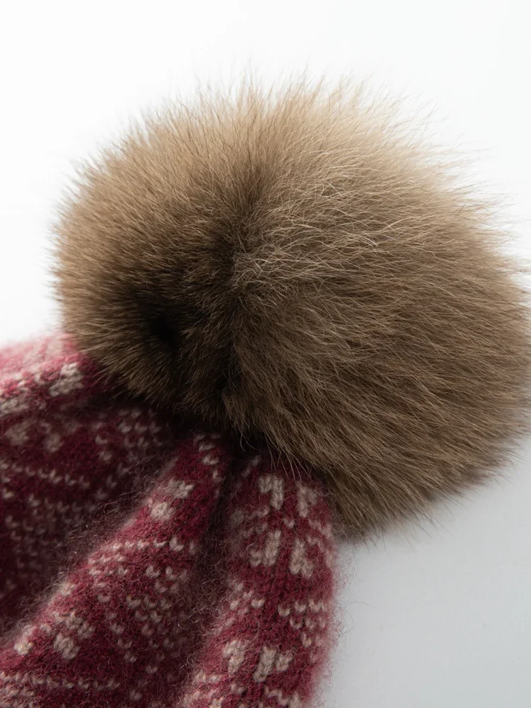 Cashmere Vintage Jacquard Knit Thick Beanies Rabbit Pom-pom Ribbed Hem Soft Cap Hat Autumn Winter Warm Wool Christmas Present