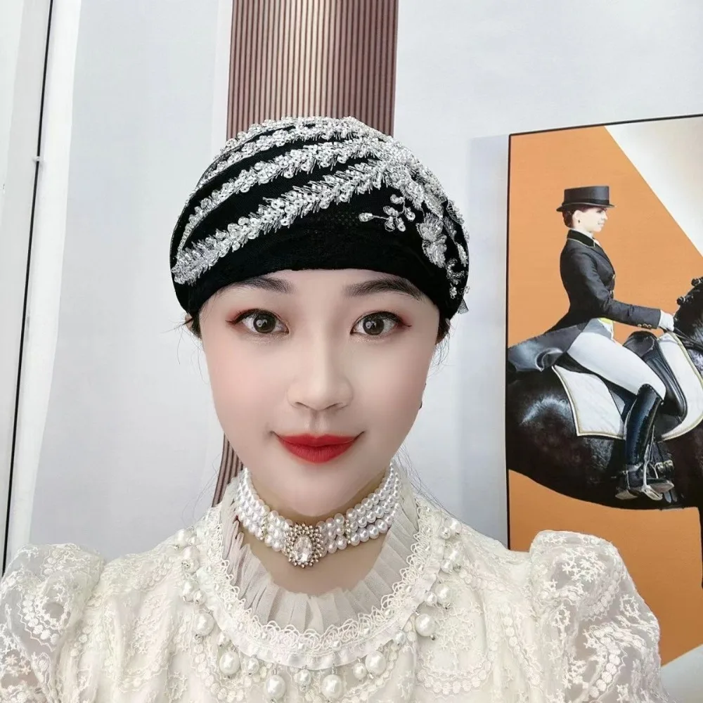 

Phoenix Tail Floral Lace Caps Turban Cap Breathable Women Headscarf Embroidery Glitter Beanie Hair Cover Cap Bonnet Hat