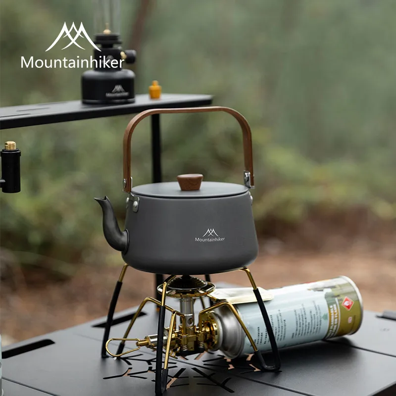 Outdoor Camping Aluminium Kettle Mountainhiker 1.1L Picnic Portable Walnut Handle Multi-ring Poly Boil Tea Kettle & Storage Bag