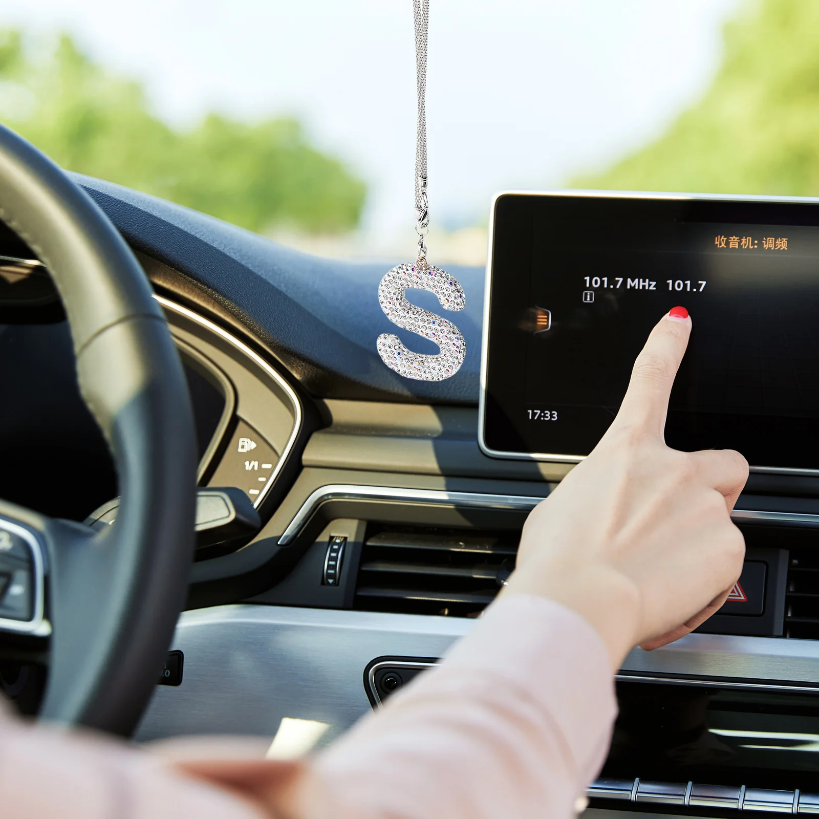 

Handcrafted Ceramic Letter Car Pendant Dazzling Rhinestones Rearview Mirror Decor Elegant Interior Accessory Versatile Usage