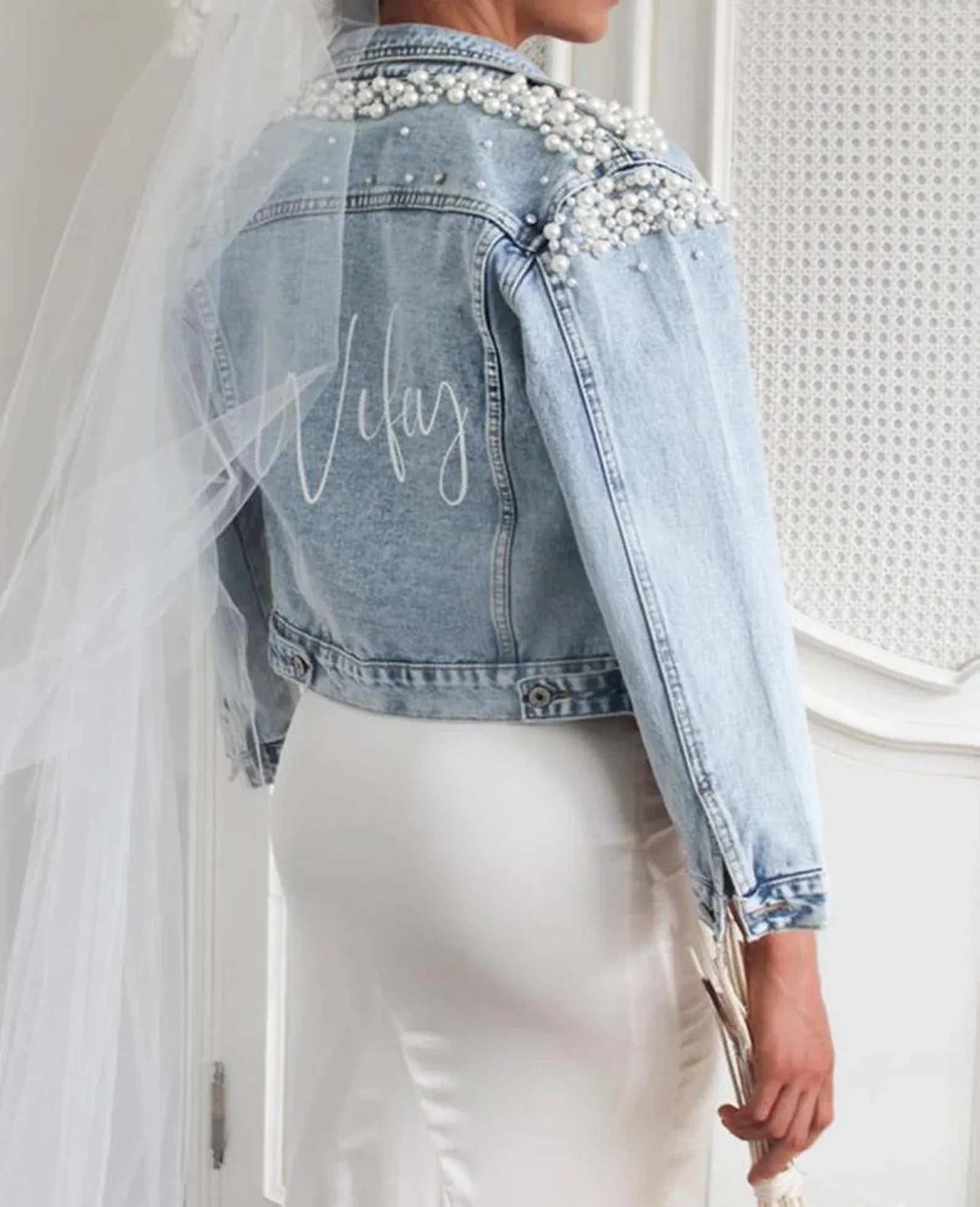 Bachelorette Wifey Jean Jackets Hen Party Gift Custom Bride Denim Jacket Pearl Mrs Outerwear Personalised Coats Wedding Day - Image 3