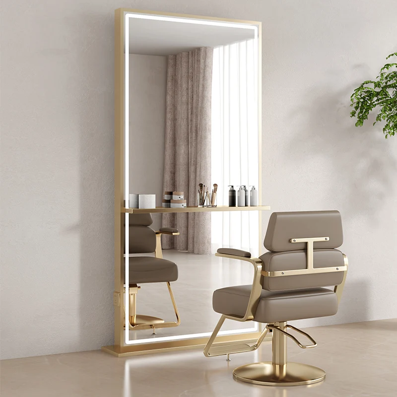 Modern Light Luxury Style Barbershop Mirror Stainless Steel Frame Hair Salon Mirror Business Furniture Two Sided Mirror 80x200cm