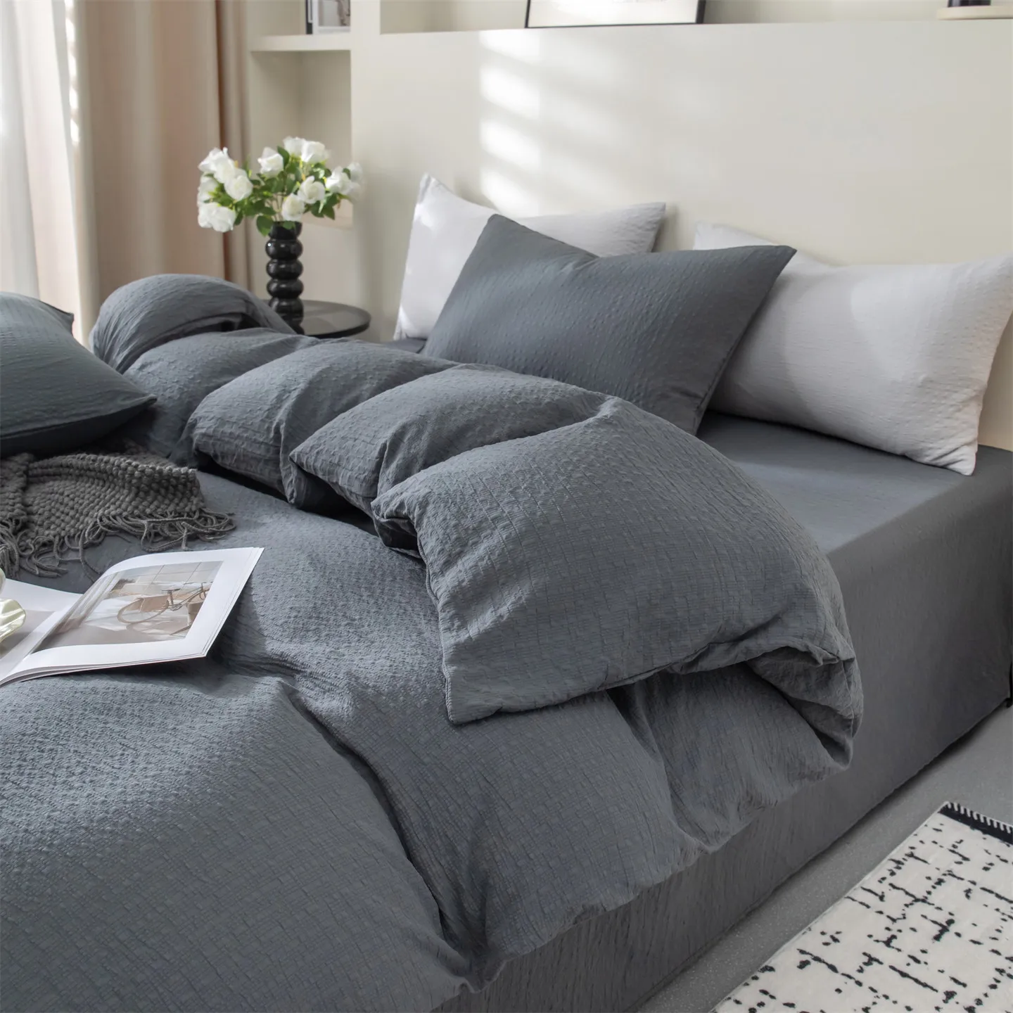 Solid Color Bedsheet Set Puff Gauze Printed Bedding Single/Double/Queen Size Soft Bed Linen Set Bedclothes juegos de sábanas