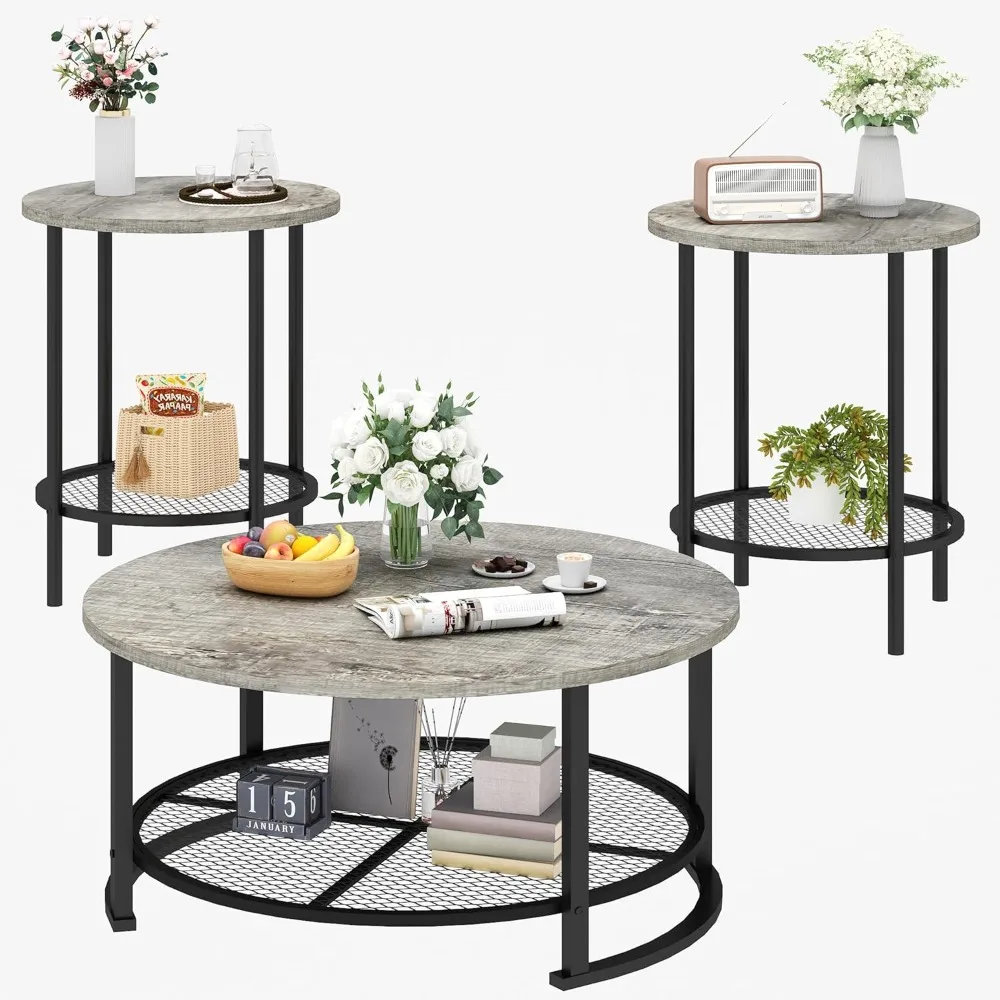 Wooden Modern Rustic 3-Piece Living Room Furniture Set: Coffee and End Tables