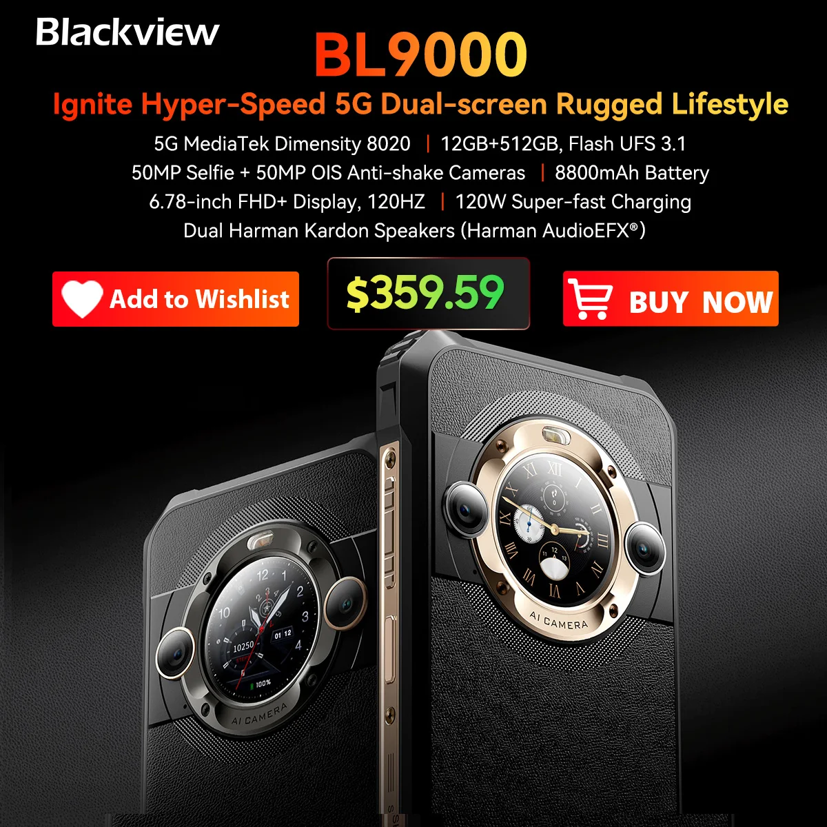 Smartphone Robusto Blackview-bl9000 5g 6.78 Tela 2.4k 12gb 512gb 50mp 8800mah Carregador de 120w Dual Display Celular
