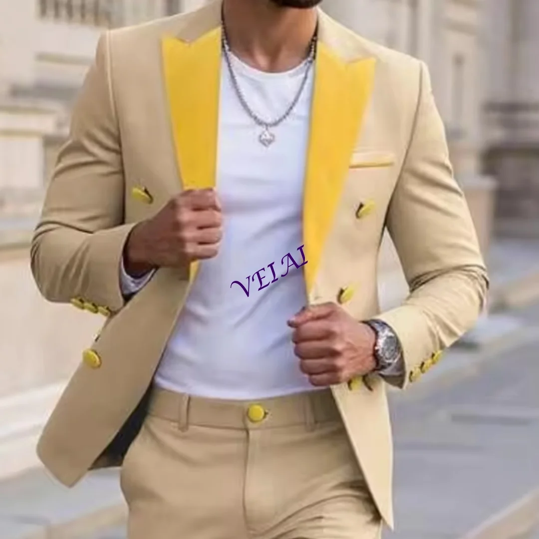 

CustomizedYellow Lapel Champagne Business Men Suit Wedding Party Prom Groom Groomsman Formal Occasions Tuxedos 2 Piece Set Blaze