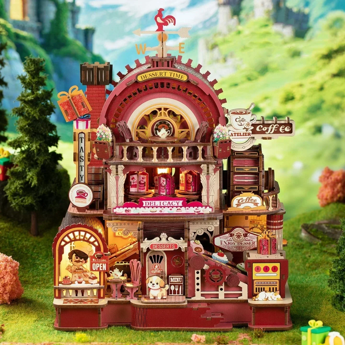 DIY Wooden Mechanical Rotation Dessert Shop Cottage Figurines Miniatures Kits Assembled Casa for Birthday Gifts Home Decor Craft