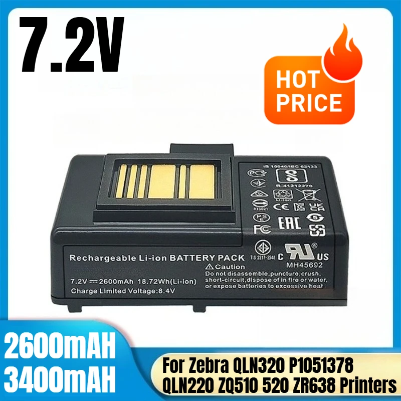 

7.2V 2600/3400mAH Battery for Zebra QLN320 P1051378 QLN220 ZQ510 520 ZR638 Printers