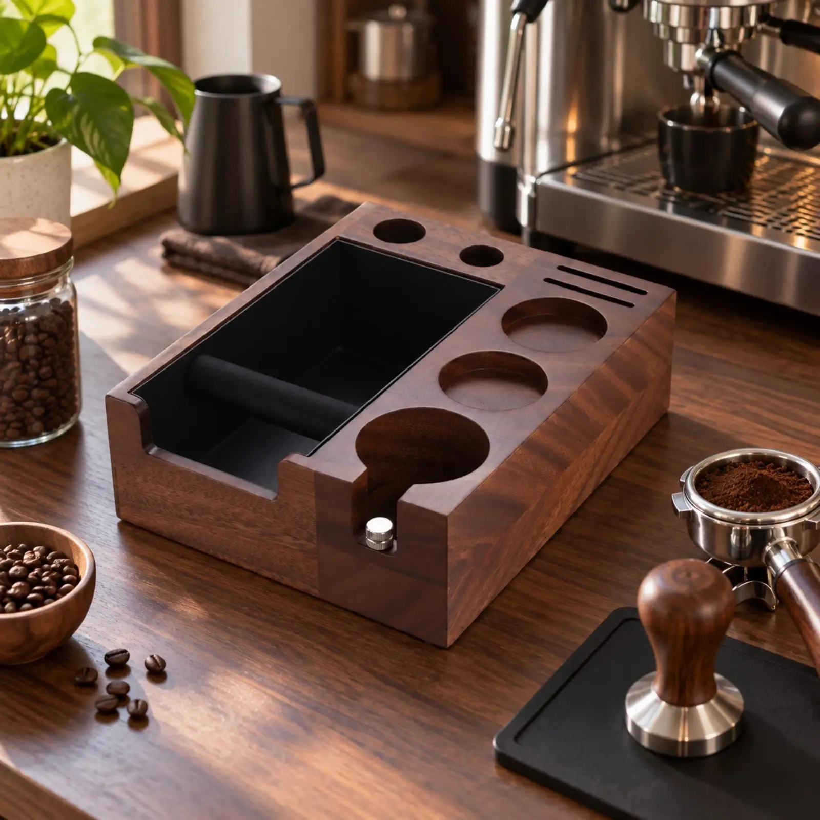 Coffee Espresso Knock Box Walnut Grain Surface Silicone Knocking Bar Detachable Grounds Container for Coffee Machine Setup