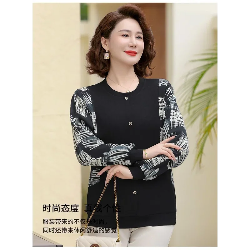 Casual Two Piece Set Women Patchwork Print Long Sleeve Top Straight Pants Outfit For Middle Aged Elderly Spring Summer