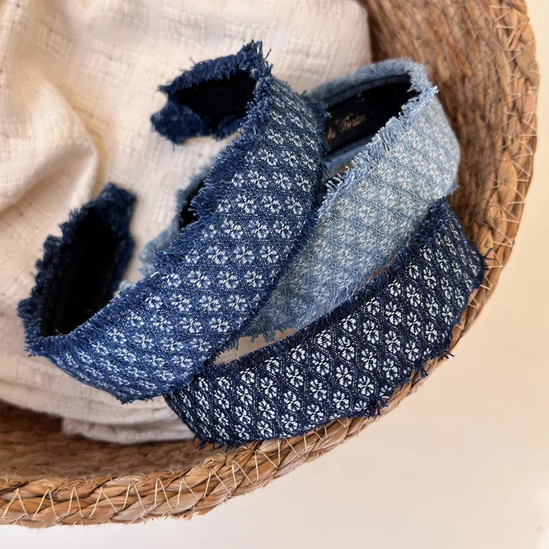 Headband Wide Vintage Denim Embroidered Pattern High Crown Non Slip Hair Hoop for Women Girls Daily Makeup Facial Cleansing