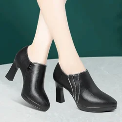 Comfortable 6.5cm 8.5cm Deep Mouth Soft Leather Shoes Women's Pumps 2025 Fall Block High Heels Shoes for Office Model Mom