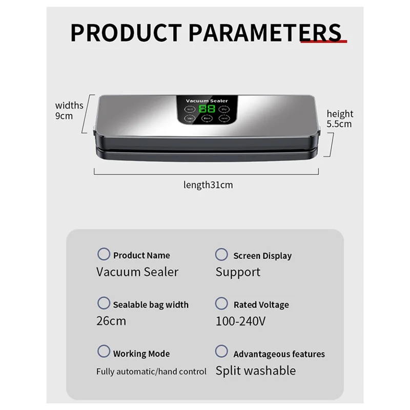 AT28-Elektrische Vakuumiermaschine, Trocken-/Nass-Lebensmittelverpackungsversiegelung, um frisch zu halten, Touch-Tasten, Digitalanzeige, abnehmbar, sauber (US)