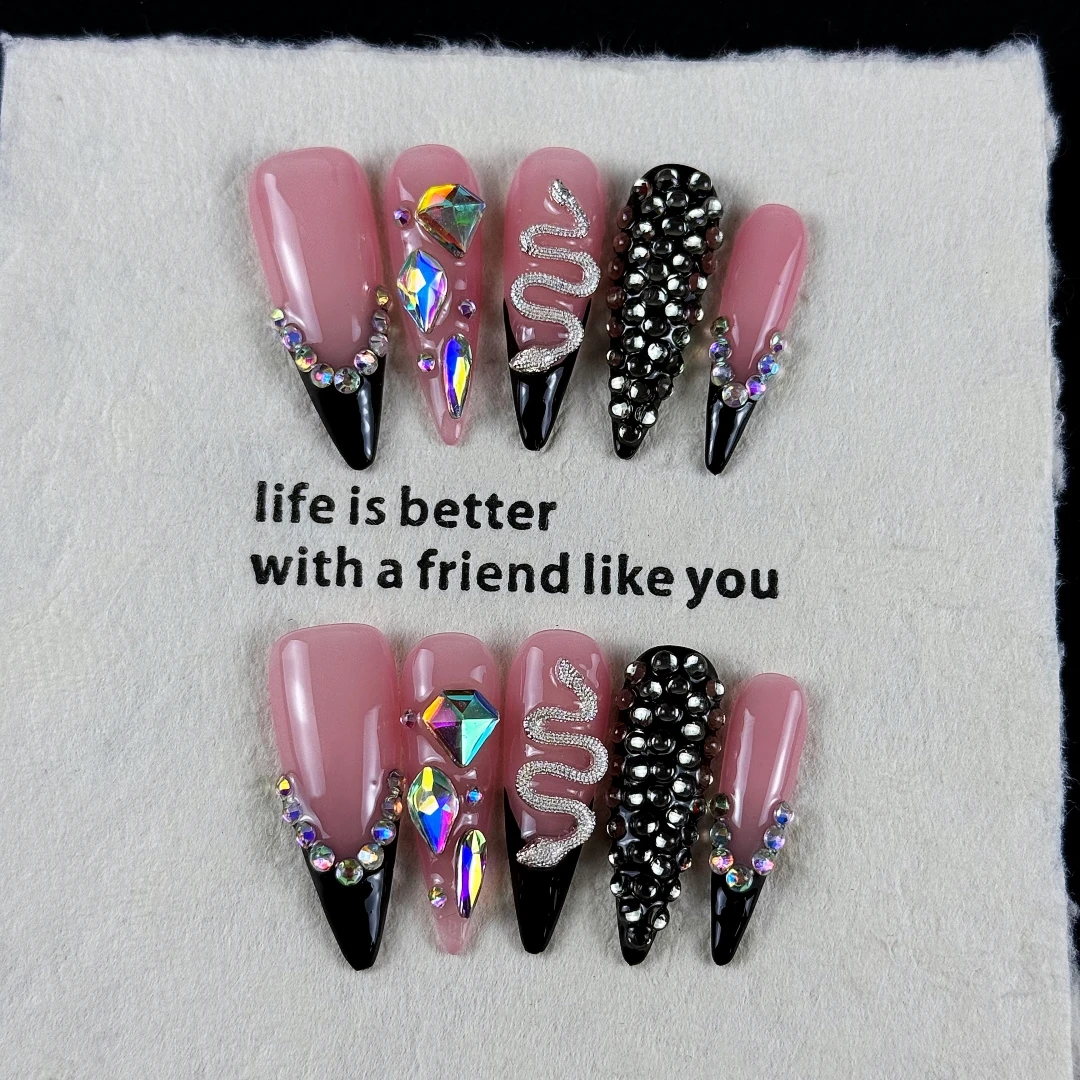 10pcs high-end Heavy industry design style, hand-painted three-dimensional square diamond, little snake, flashing full diamonds