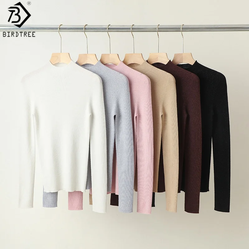 

Birdtree 85% Merino Wool 15% Golden Silver Wire Knited Sweater,Woman Half High Collar Full Sleeve Autumn Shirt Pullover T59435JF