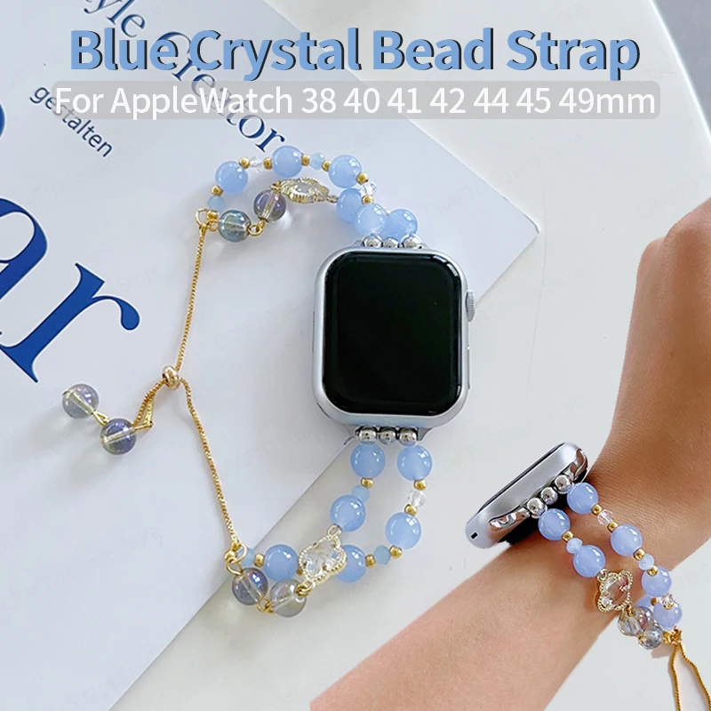 

Blue Crystal Bead Bracelet for Apple Watch Series 7 8 9 SE6 5 4 Band 44mm 45mm Adjustable Strap for Iwatch 40mm 42mm 38mm Correa