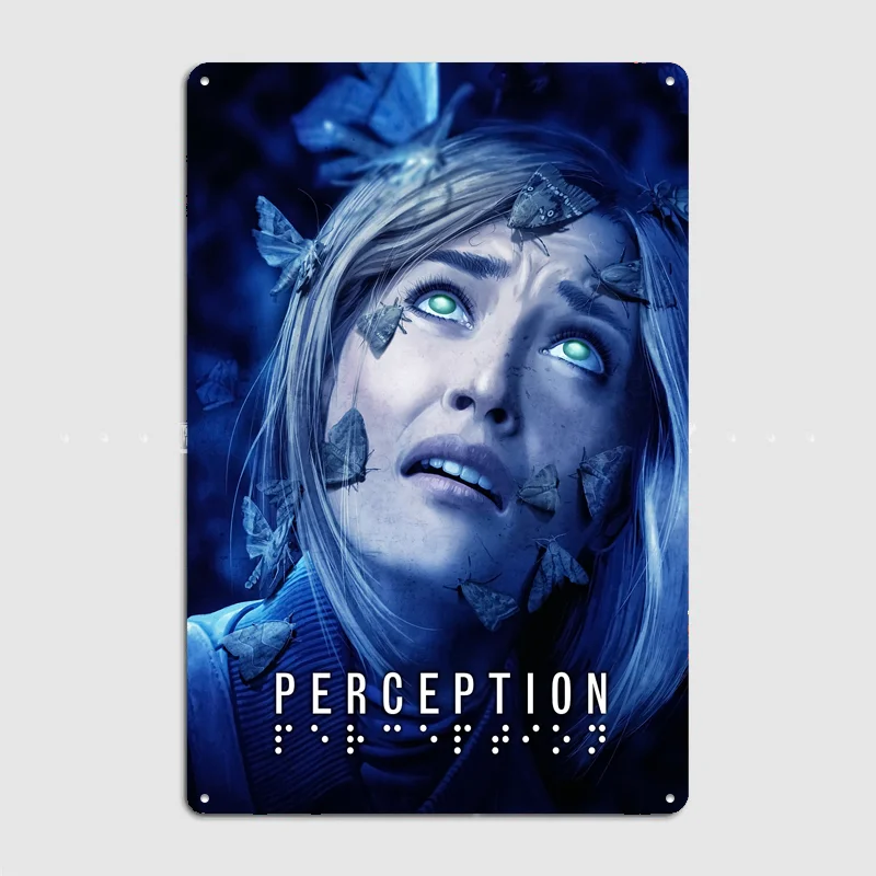 Perception: Woman with Moths, Intense Gaze Poster Metal Sign Room Decor Custom Bedroom Home Wall Decor Posters Room Decoration