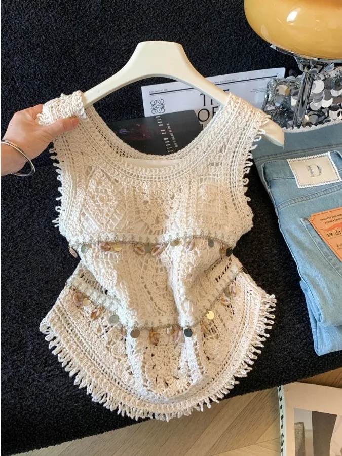 Bohemian Lace Knitted  Fringe Vest Women's Summer Fashion Age-Defying Sleeveless Tube Top Two-Piece Set Polyester Fiber