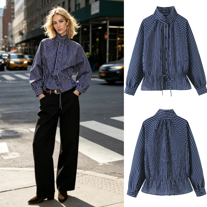 Women's Striped Shirt 2026 Autumn New Fashion Stand Collar Long Sleeve Button Gathered Cuff Casual Blouse