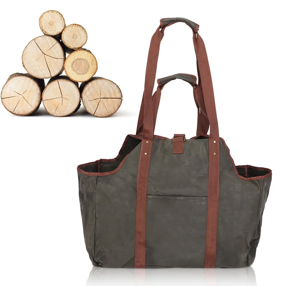 Waxed Canvas Firewood Carrier Waterproof Thicken Firewood Log Tote with Reinforced Handles Foldable Firewood Bag