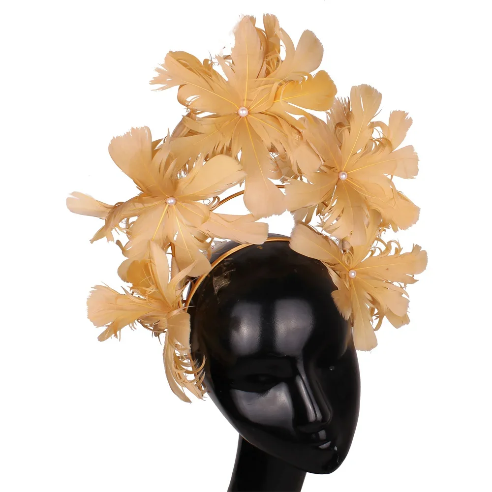 Feather Flower Women Headdress Small Top Hat Fancy Hair Hoop Imitation Pearl Hair Headpieces Millinery