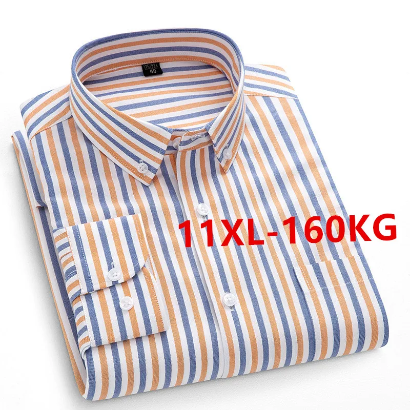 Men\'s Long Sleeve Shirts Spring Autumn New Stylish Pure Cotton Casual Solid Stripe Oxford Dress Shirt Button Clothing 11XL 10XL