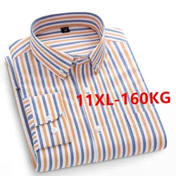 Camisas casuais de manga comprida masculina, puro algodão, camisa Oxford, roupa de botão, listras monocromáticas, elegante, nova, primavera, outono, 11XL, 10XL