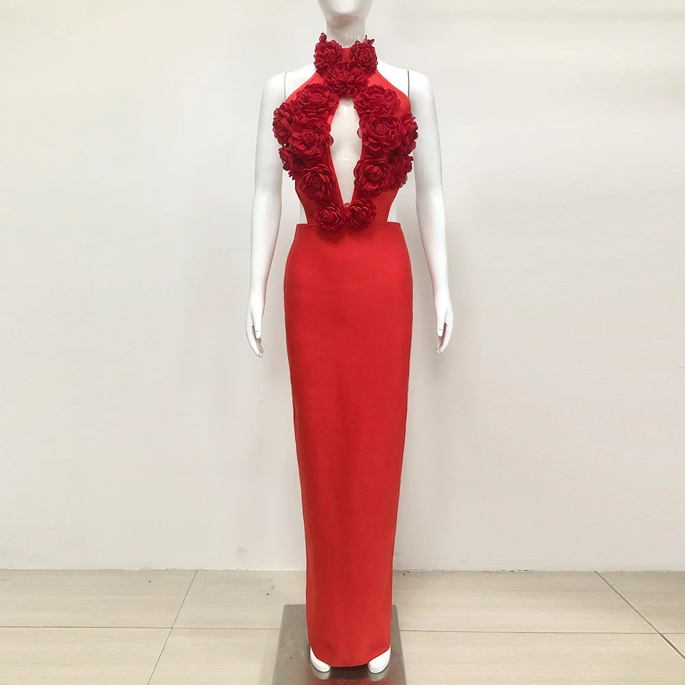 

Women Luxury Red Evening Dress Sexy Halter Backless Flowers Crisscross Top Maxi long Celebrity Club Party One Piece Gala Gowns