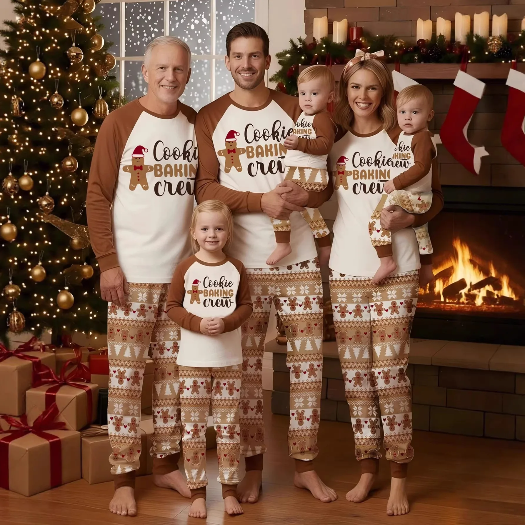 Family Matching Christmas Pajamas Set Gingerbread Man Print Sleepwear Xmas Pants Parent‑Child Holiday Loungewear for Photoshoot
