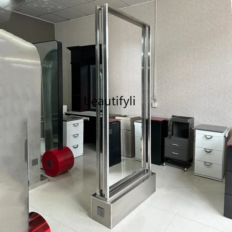 

FG17Barber Shop Light with Mirror Stainless Steel Hair Cutting Mirror Hairdressing Dressing Table Double-Sided Floor Mirror