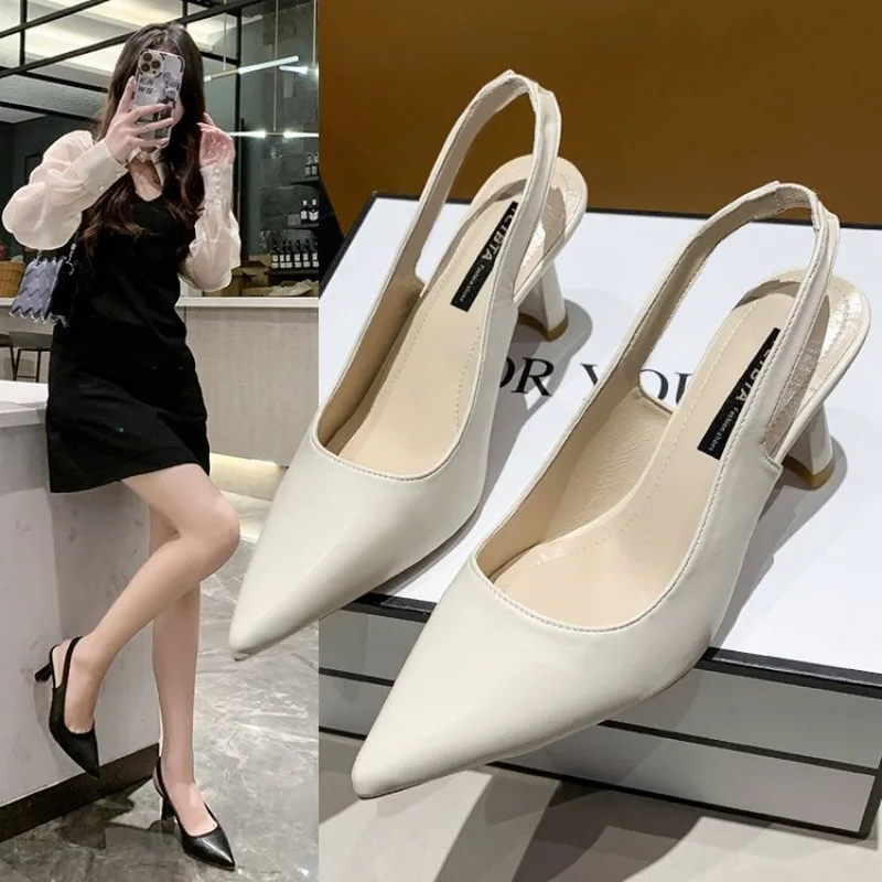 Women High Heeled Sandals Summer New Fashion Women Thick Heel Pointed Toe Black Work Toe Back Empty High Heeled Sandals