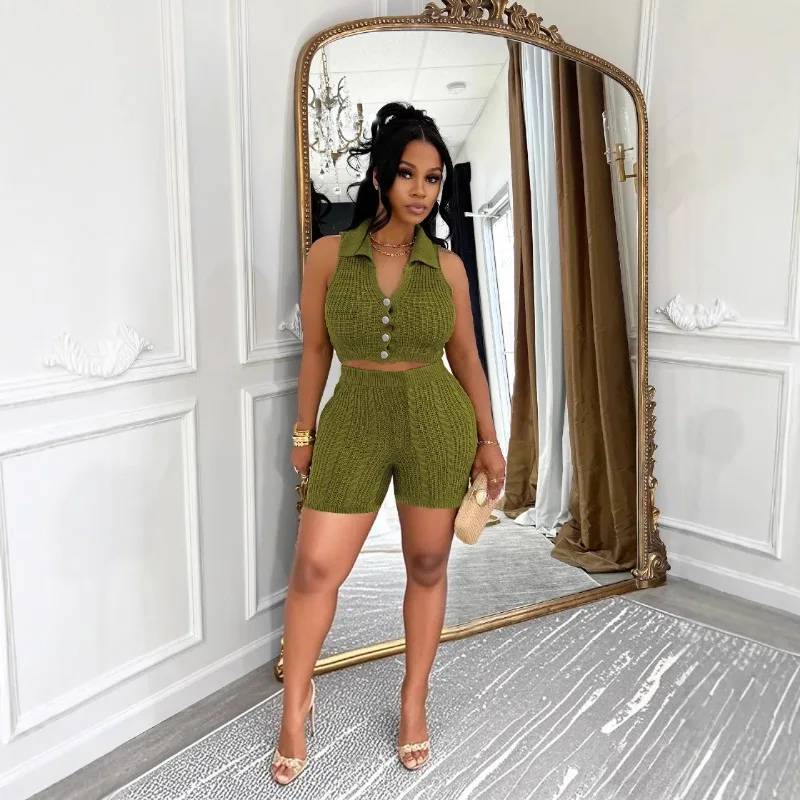 

Women Fashion Solid Knitted 2 Piece Set Turn Down Collar Sleeveless Tank Crop Tops + Shorts Slim Casual Streetwear Suits