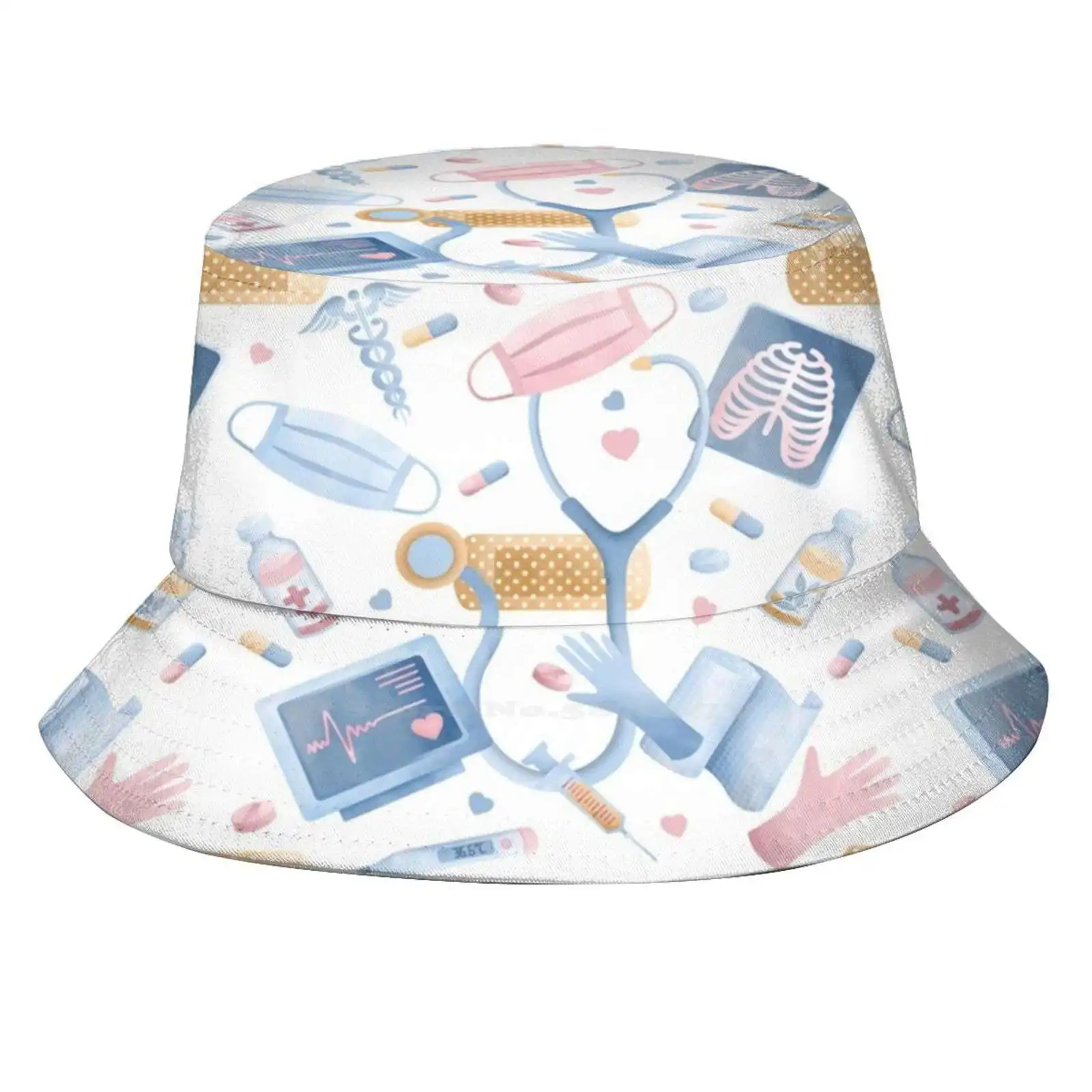 Watercolor Nurse | Dr Collage Blue Pink Uv Protection Foldable Bucket Hats Women Men Bandages Thermometer Pink Blue Stethoscope