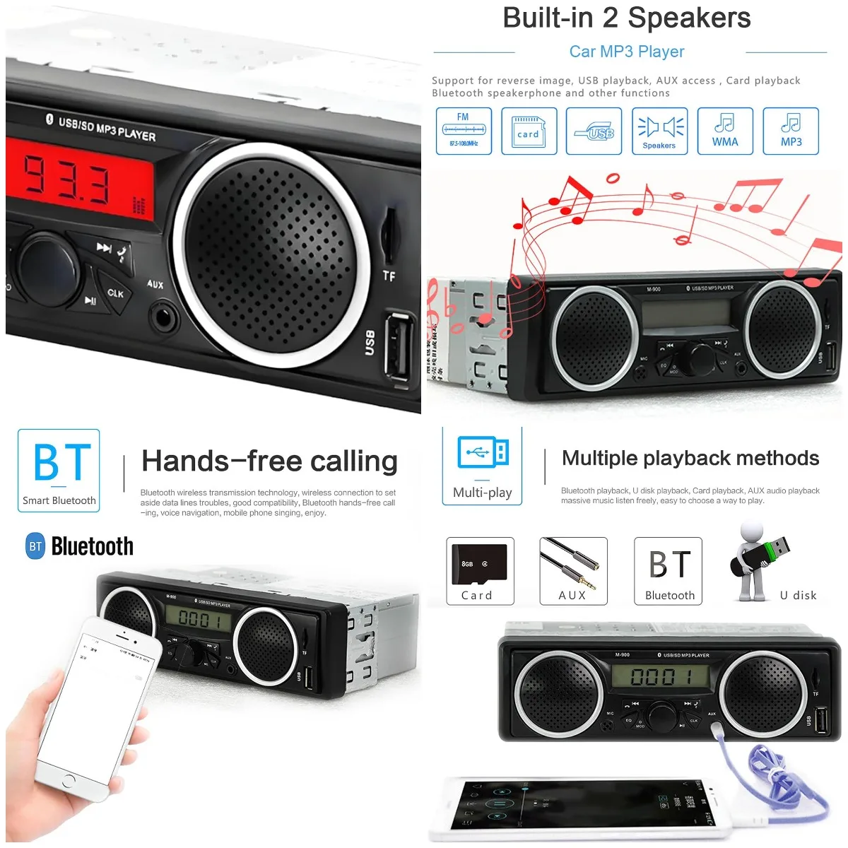 

1 Din Car Stereo with Bluetooth, FM Radio, USB/AUX/TF Support, 12V-24V, Built-in Speakers