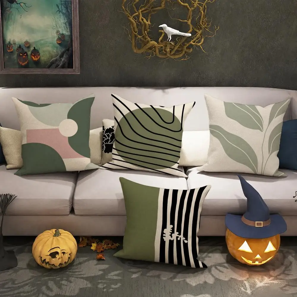 Sage Minimal Abstract Art Cushion Cover Halloween decoration trick or treat cushion cover, ghost, pumpkin head, bat decoration