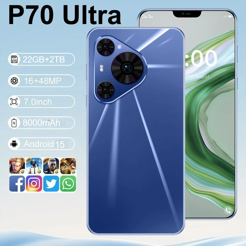 

2026 HOT New P70 Ultra 7.0 HD Global Edition Original Smart 22GB+2TB 5G Dual Card 8000mAh Battery Facial Recognition Function